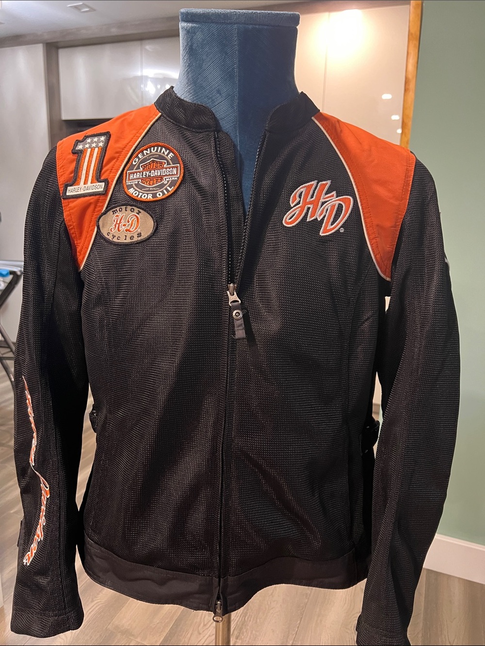 Harley-Davidson Black & Orange Mesh Riding Jacket with Patches